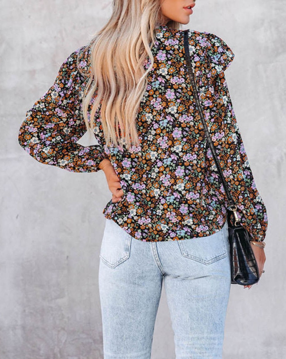 Floral Ruffled Bubble Sleeve Blouse