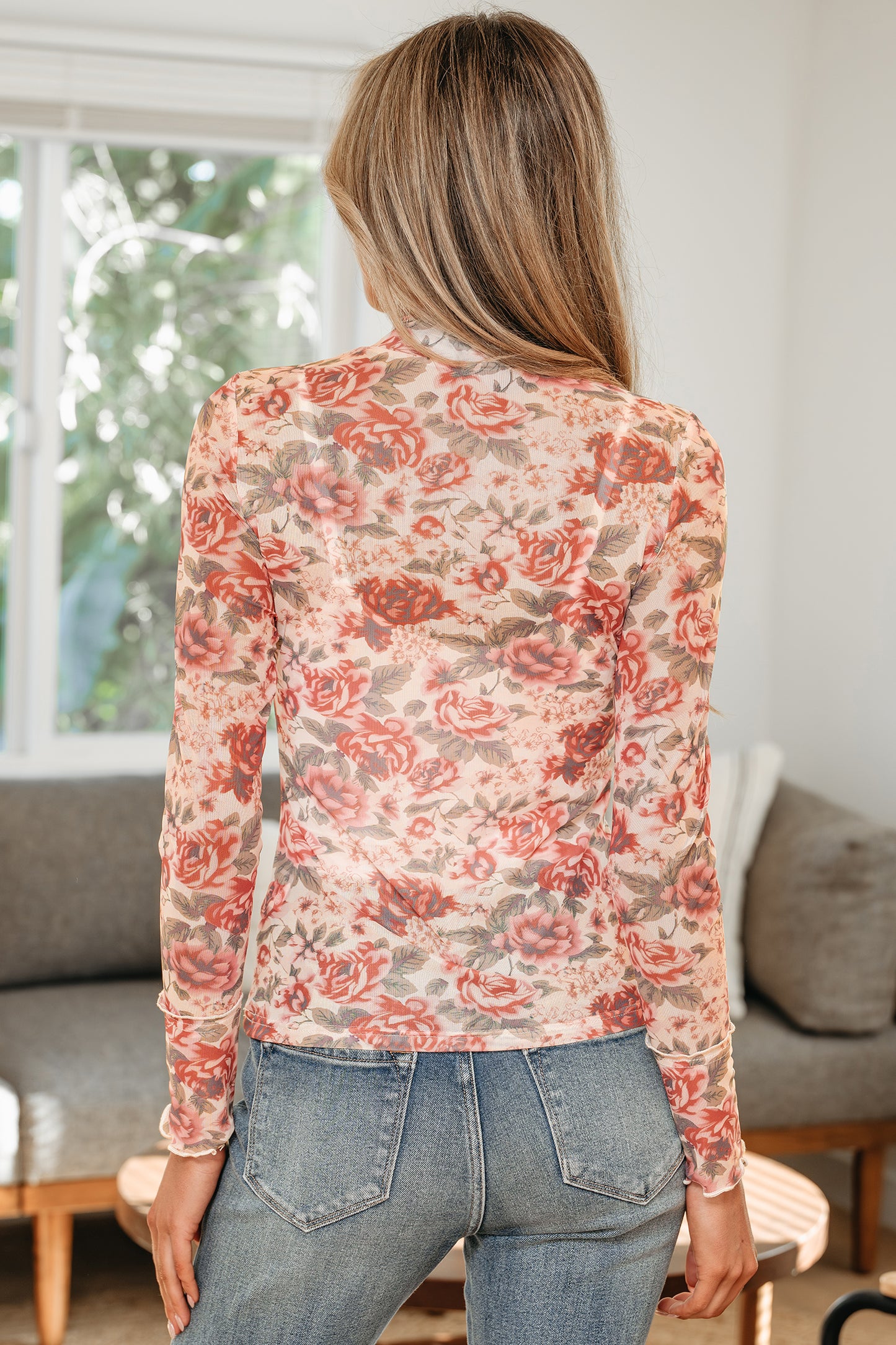 Floral Mesh Mock Neck Long Sleeve Top