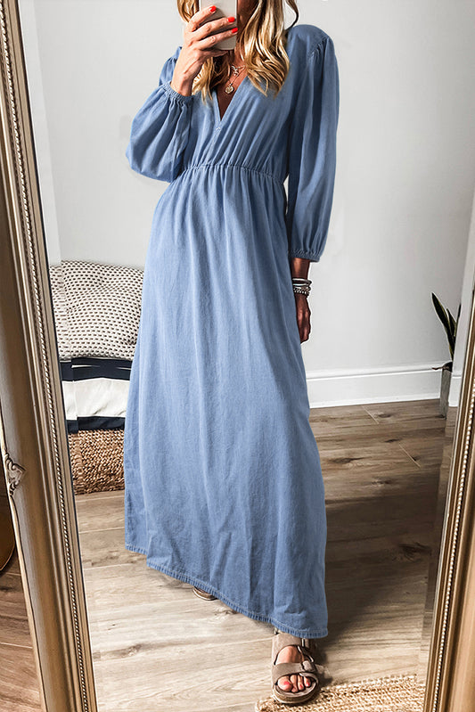 Chambray V-Neck 3/4 Sleeve Maxi Dress