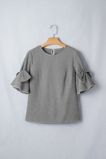 Gingham Plaid Bow Ruffle 3/4 Sleeve Blouse