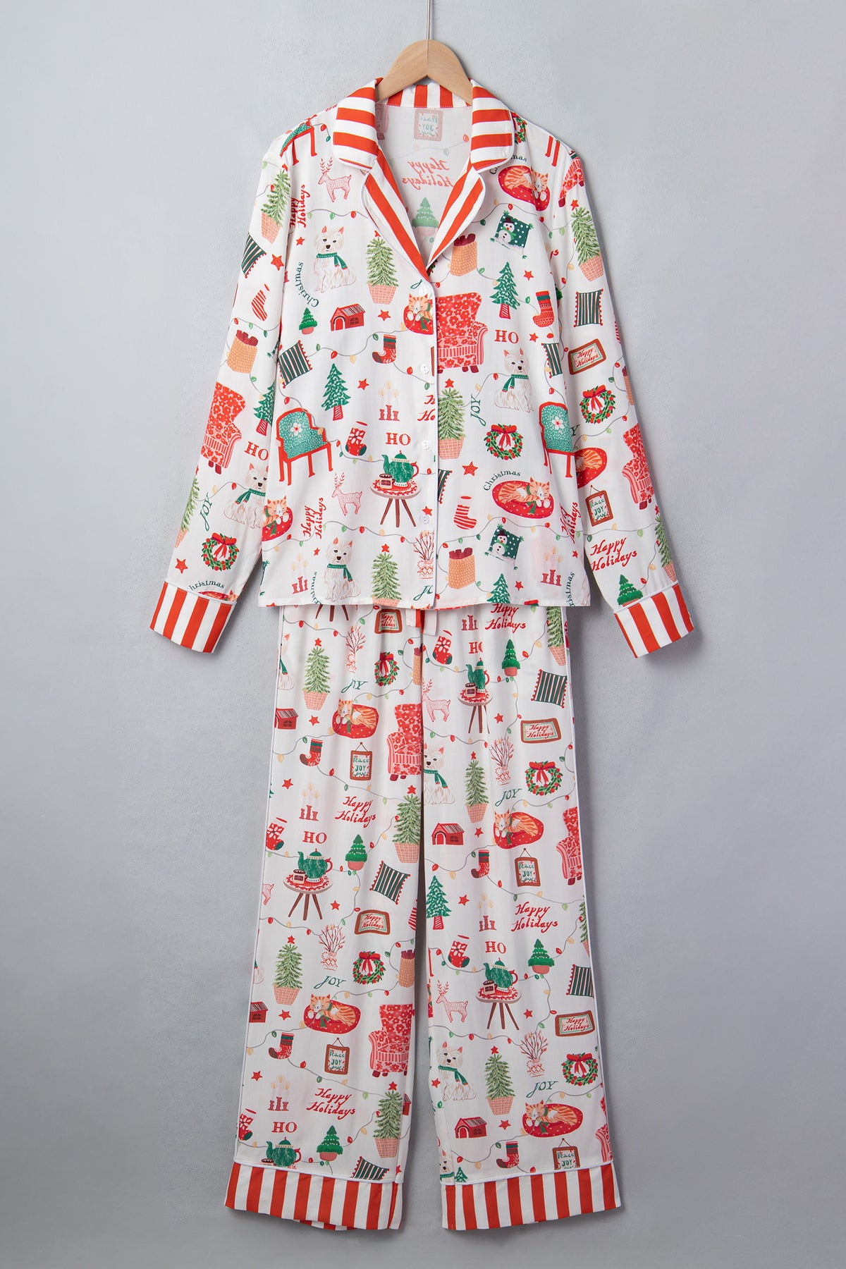 Christmast Stripe Trim Top & Pants Pajama Set
