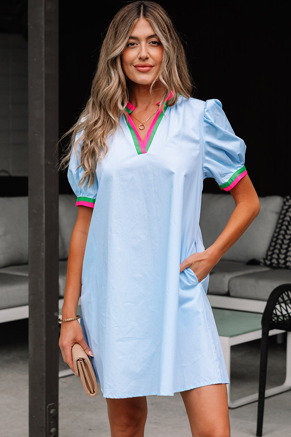 Colorblock Contrast Stripe V-Neck Puff Sleeve Mini Dress