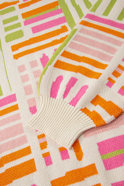 Geometric Stripe Crewneck Puff Sleeve Sweater