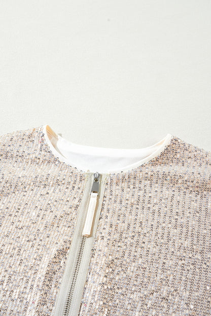 Sequin Zip Up Round Neck Long Sleeve Jacket