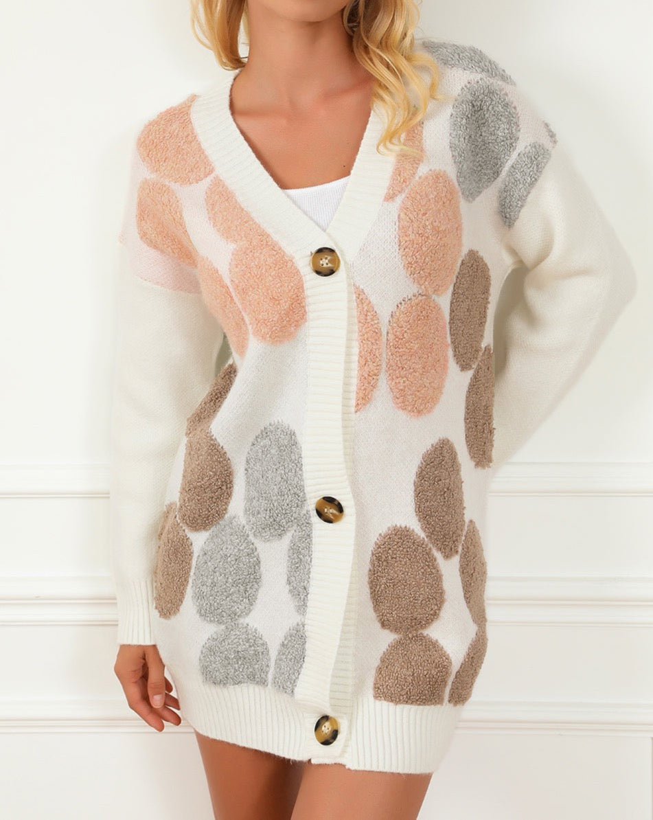 Dotted Floral Buttoned Fuzzy Cardigan