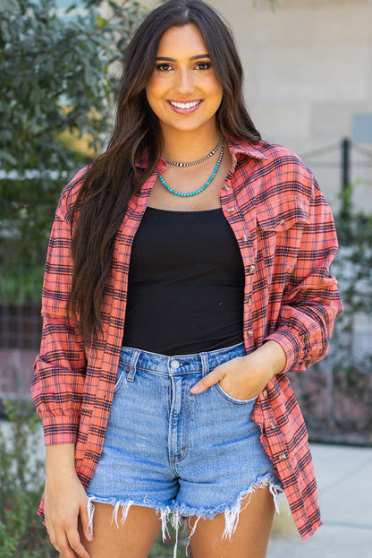 Plaid Button-Up Distressed Hem Long Sleeve Shirt