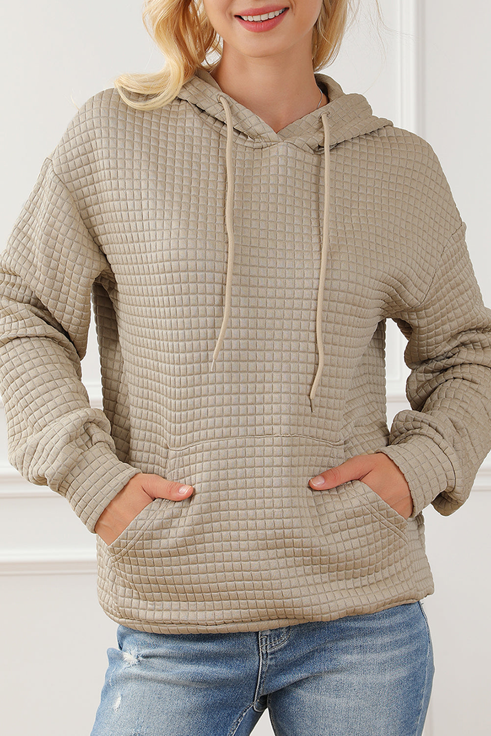 Quilted Kangaroo Pocket Drawstring Hoodie