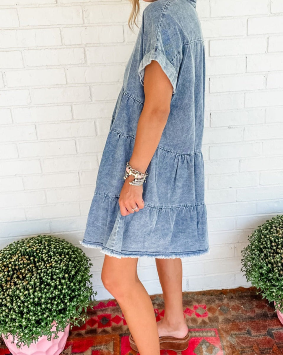 Denim Acid Washed Tiered Dress