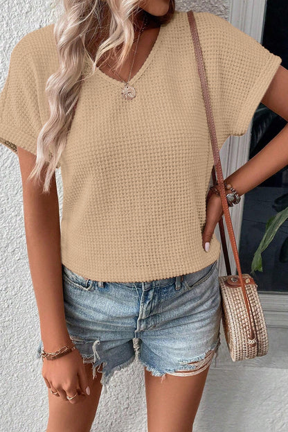 Waffle Textured Cuffed Sleeve Tee