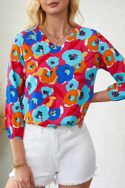 Floral V-Neck 3/4 Sleeve Blouse