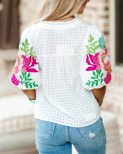 Floral Embroidered Puff Sleeve Blouse