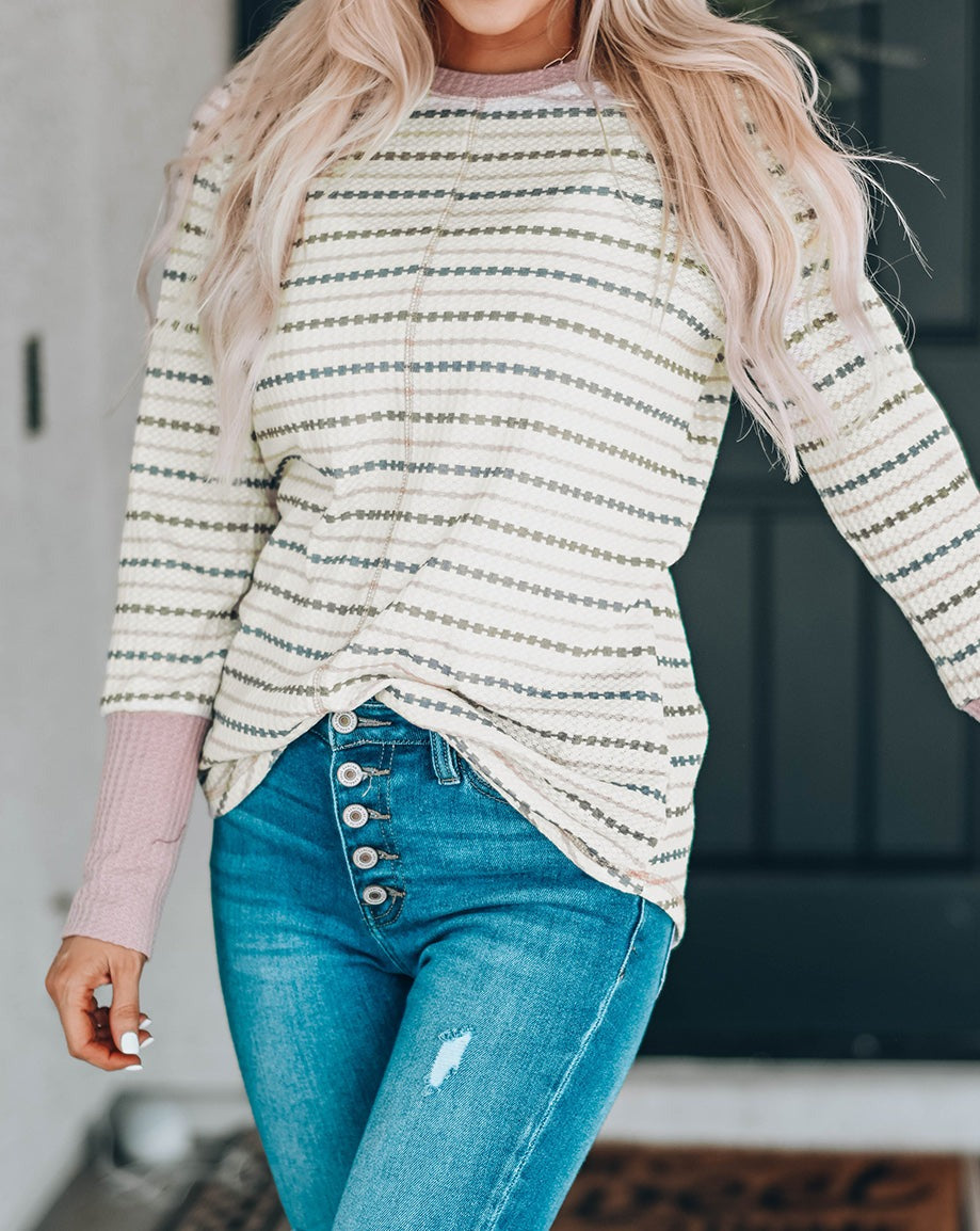 Stripe Waffle Buttoned Cuff Blouse