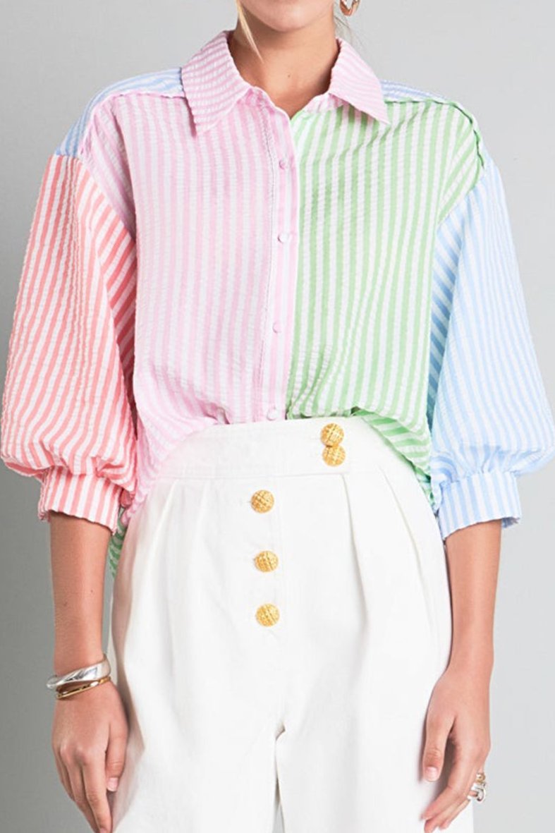 Stripe Colorblock Balloon Sleeve Shirt