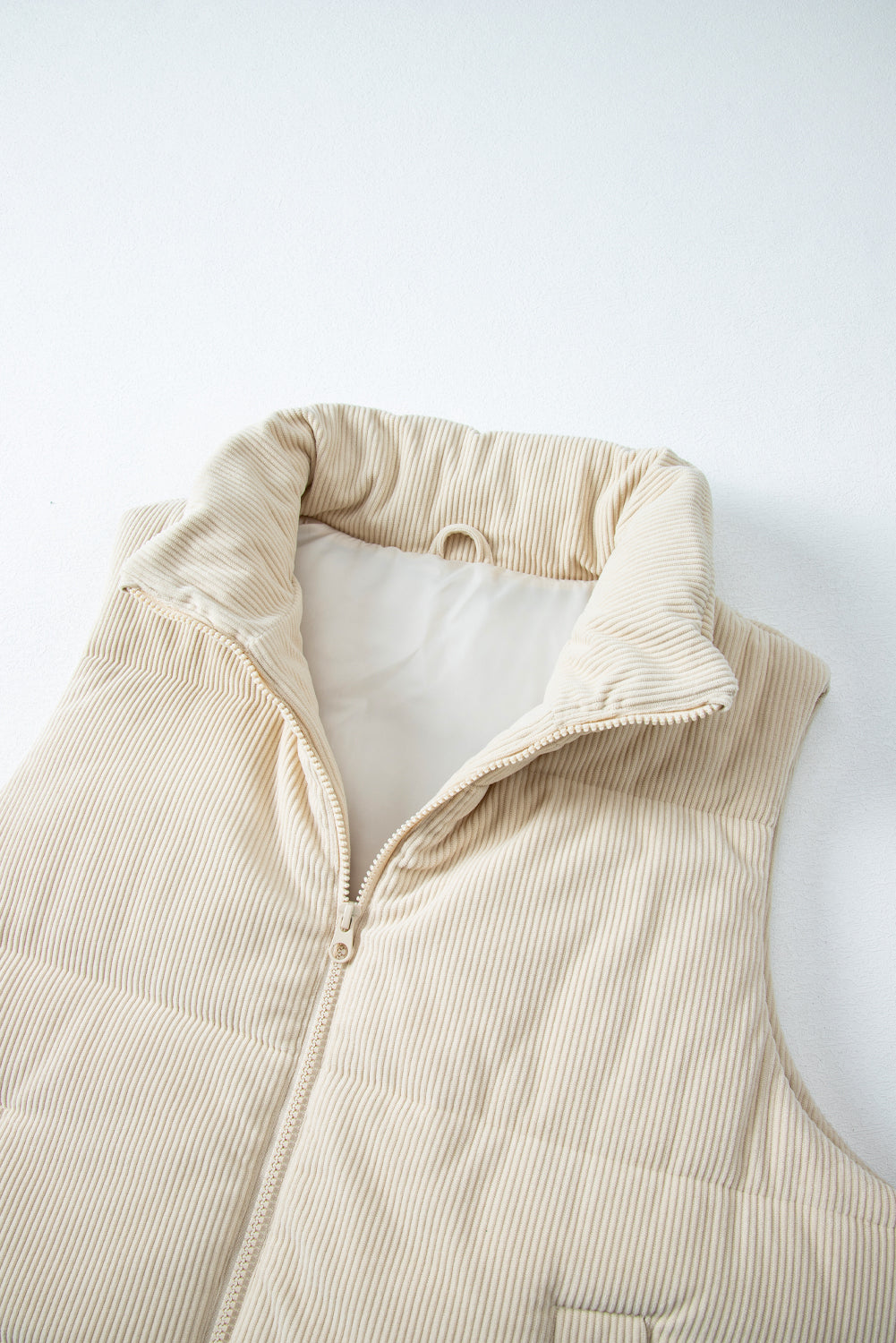 Corduroy Stand Neck Zipped Puffer Vest