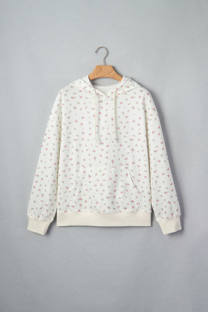 Floral Drop Shoulder Kangaroo Pocket Drawstring Hoodie