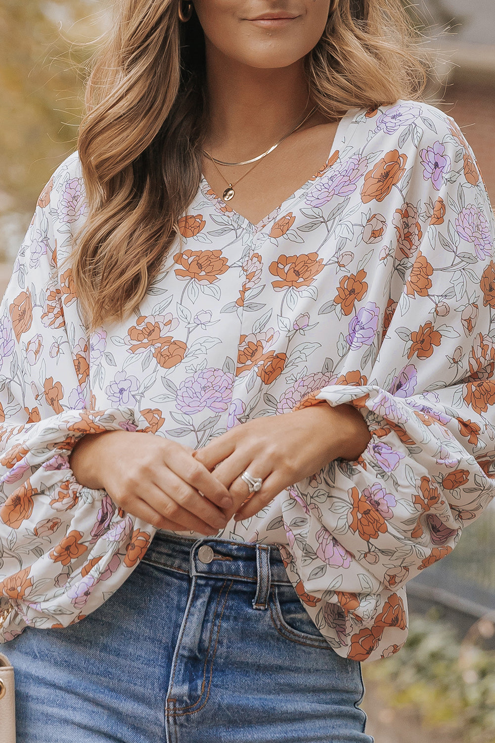 Floral Lantern Sleeve V-Neck Blouse