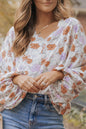 Floral Lantern Sleeve V-Neck Blouse