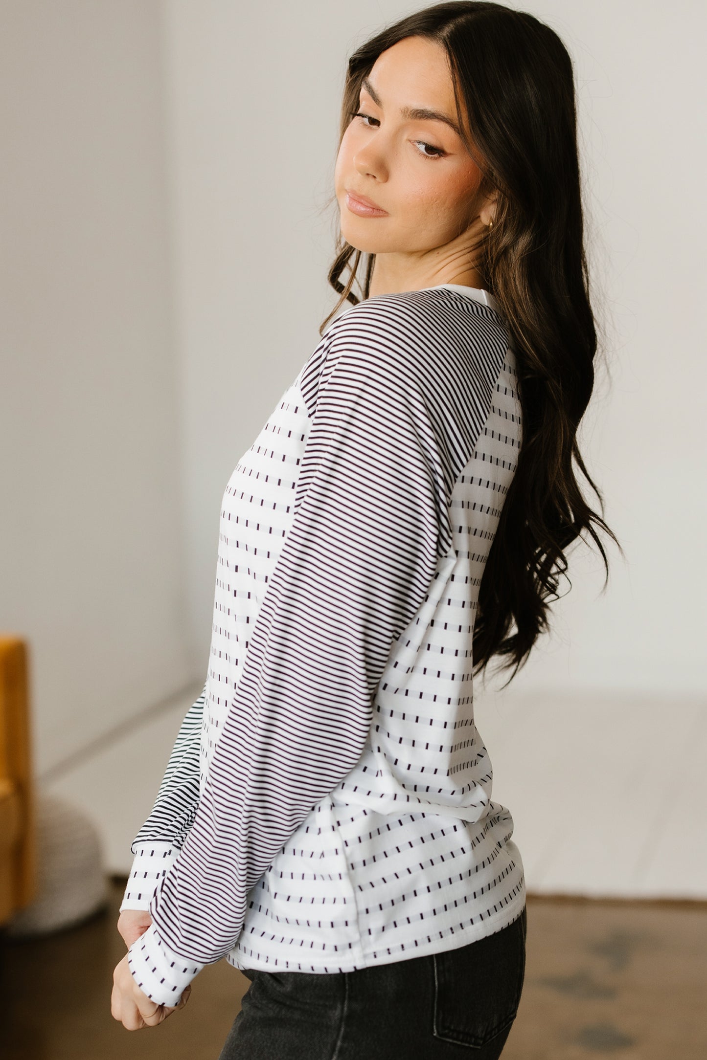 Stripe Raglan Patchwork Long Sleeve Top