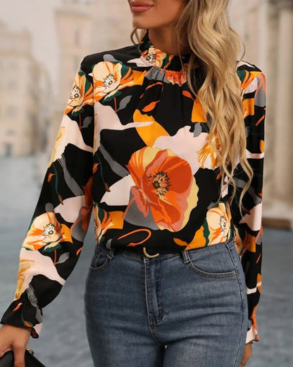 Floral Print Mock Neck Blouse