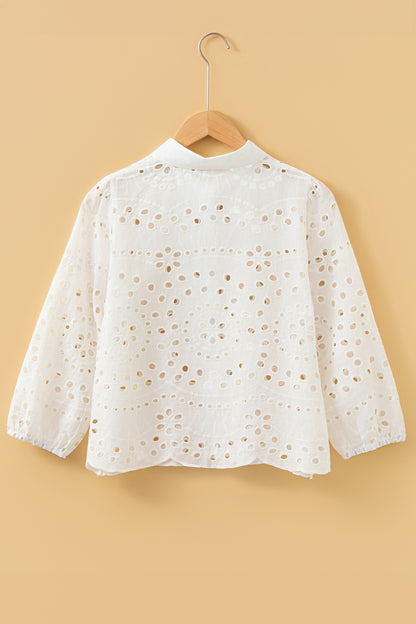 Eyelet Embroidered Puff Sleeve Cropped Shirt