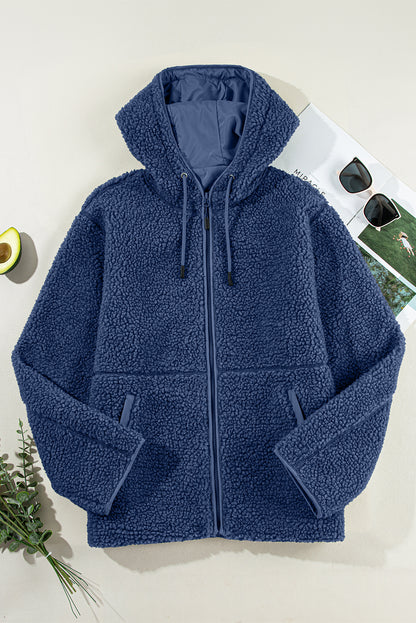 Solid Fleece Zip-Up Drawstring Pocketed Hooded Jacket
