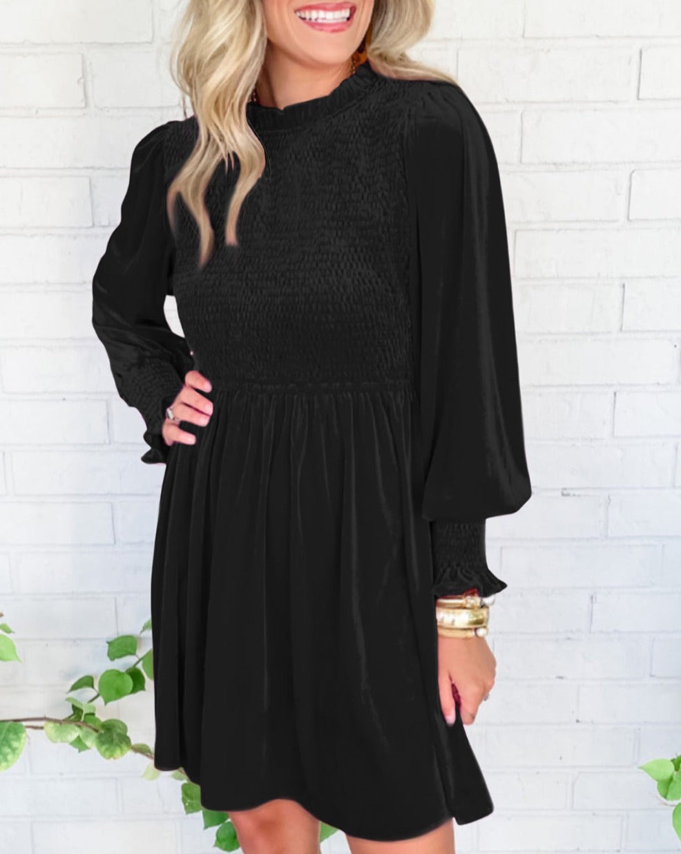 Velvet Smocked Puff Sleeve Dress