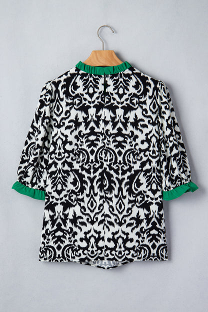 Abstract Damask Colorblock Ruffle 3/4 Sleeve Blouse