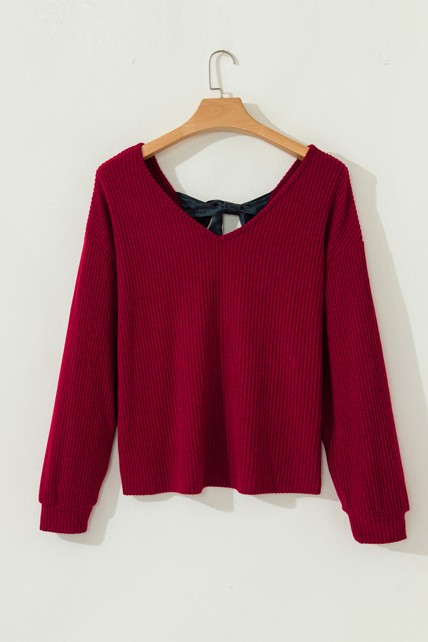 Bow Back Ribbed Knit V-Neck Drop Shoulder Top