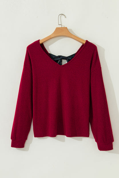 Bow Back Ribbed Knit V-Neck Drop Shoulder Top