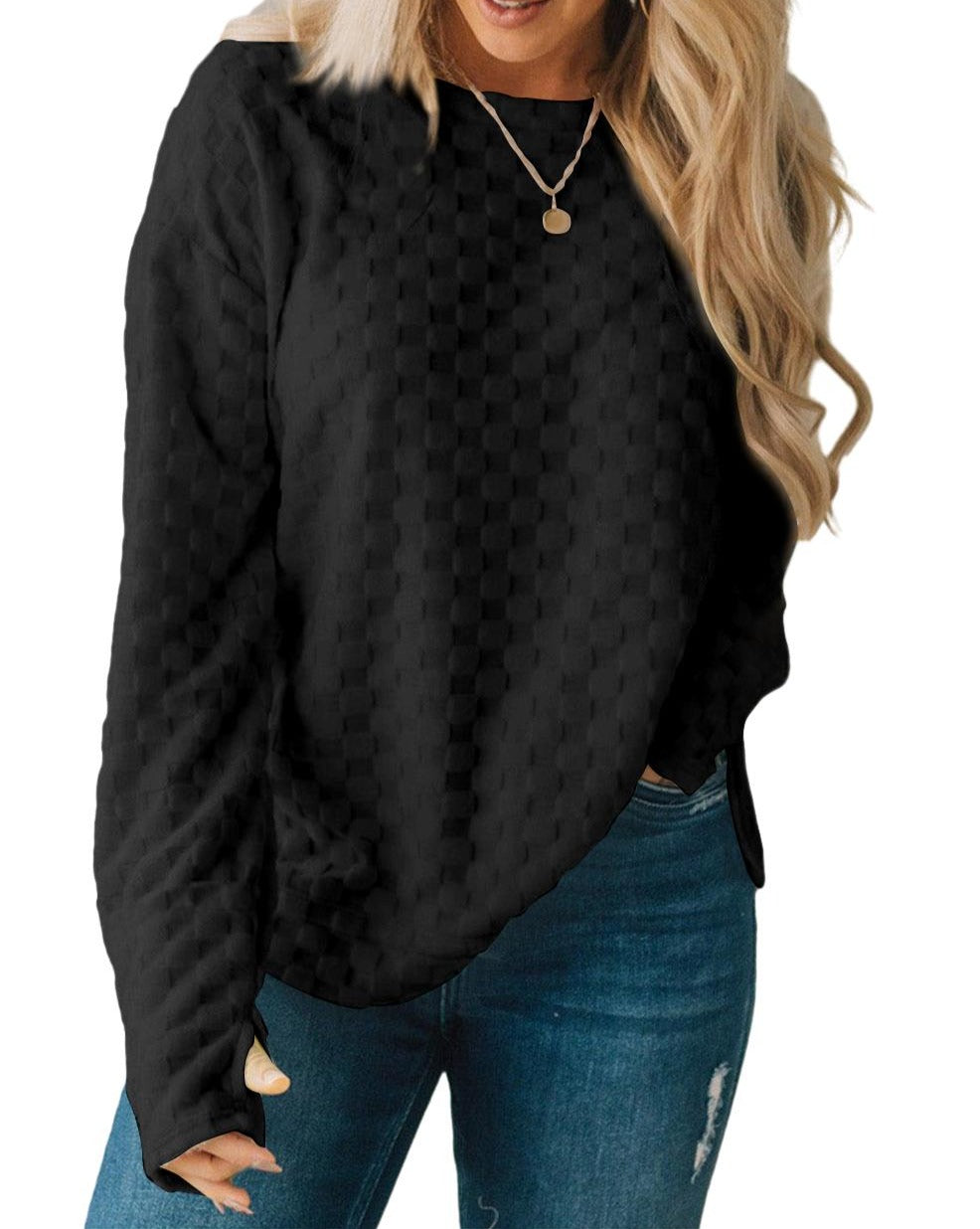 Checker Textured Thumbhole Sleeve Top