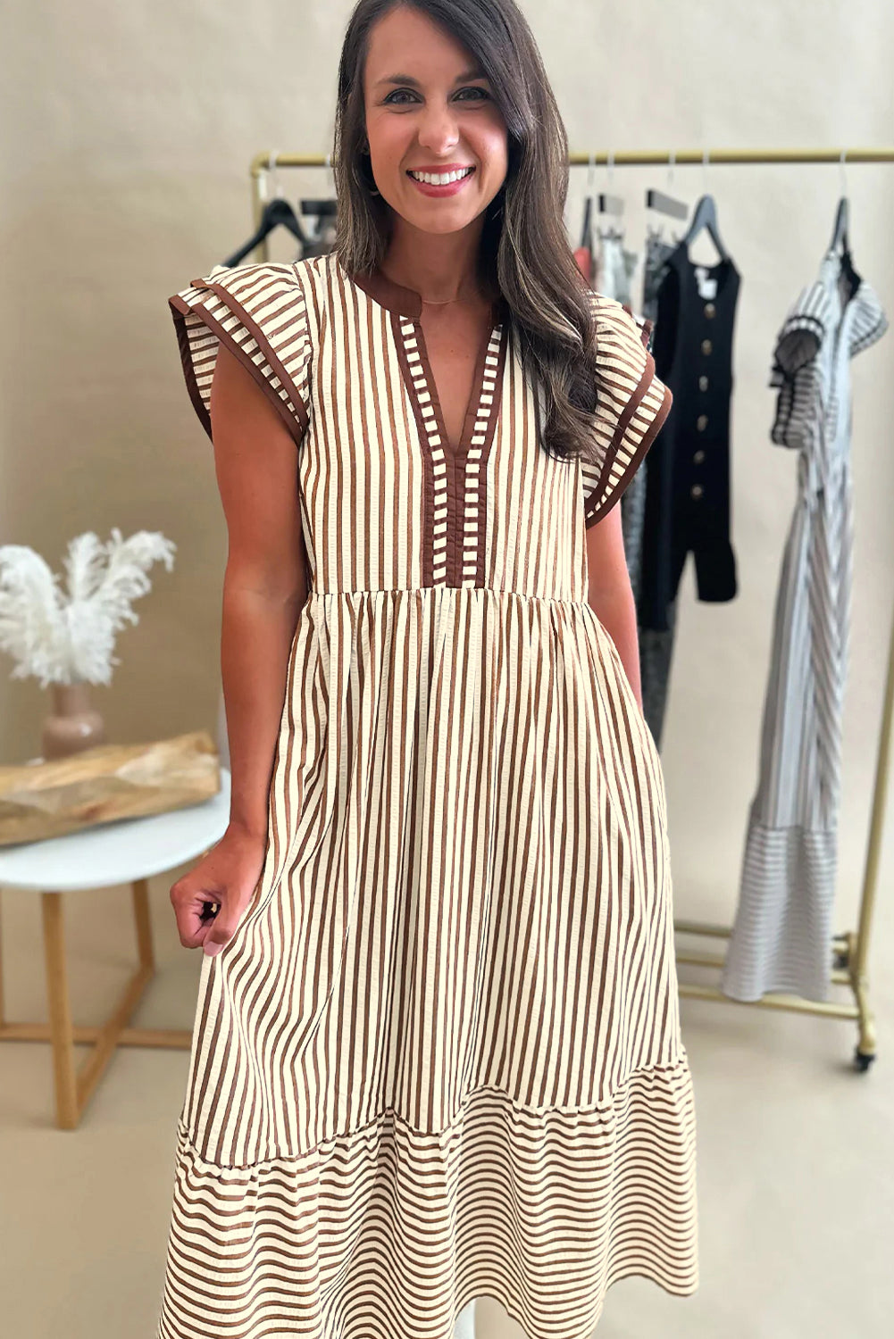 Stripe Ruffle Short Sleeve V-Neck Midi Dress
