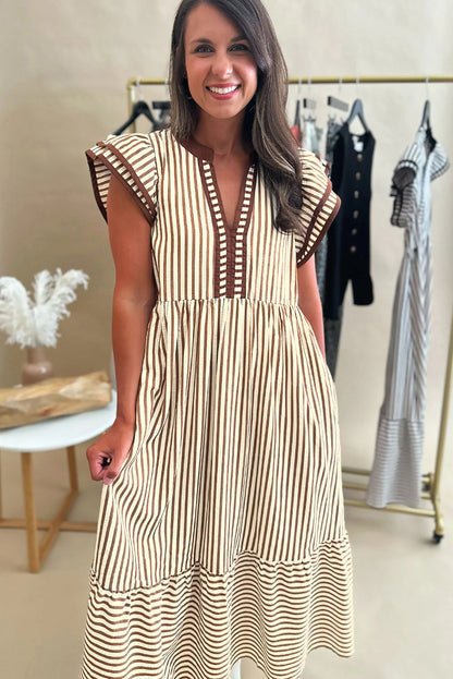 Stripe Ruffle Short Sleeve V-Neck Midi Dress