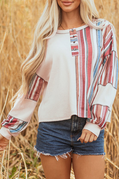 Stripe Waffle Knit Patchwork Raw Edge Henley Top