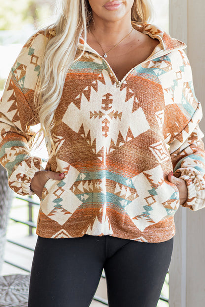 Western Aztec Quarter-Zip Elastic Cuffs Sweatshirt