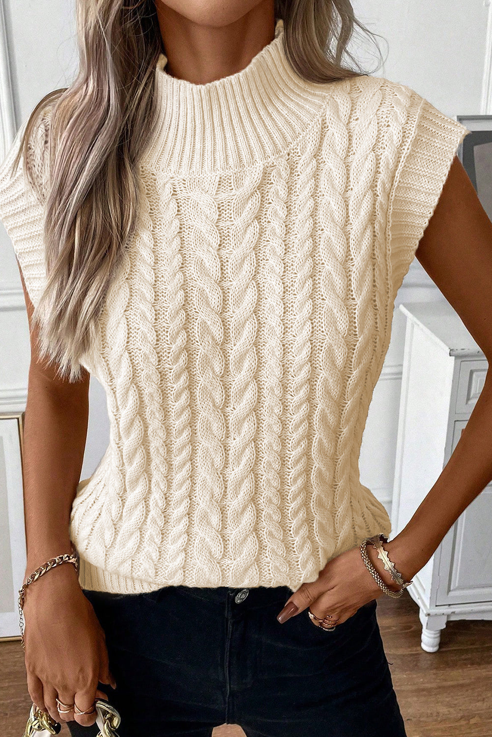 Cable High Neck Sweater Top