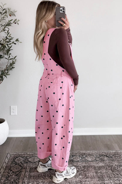 Polka Dot Denim Barrel Leg Overalls Jumpsuit