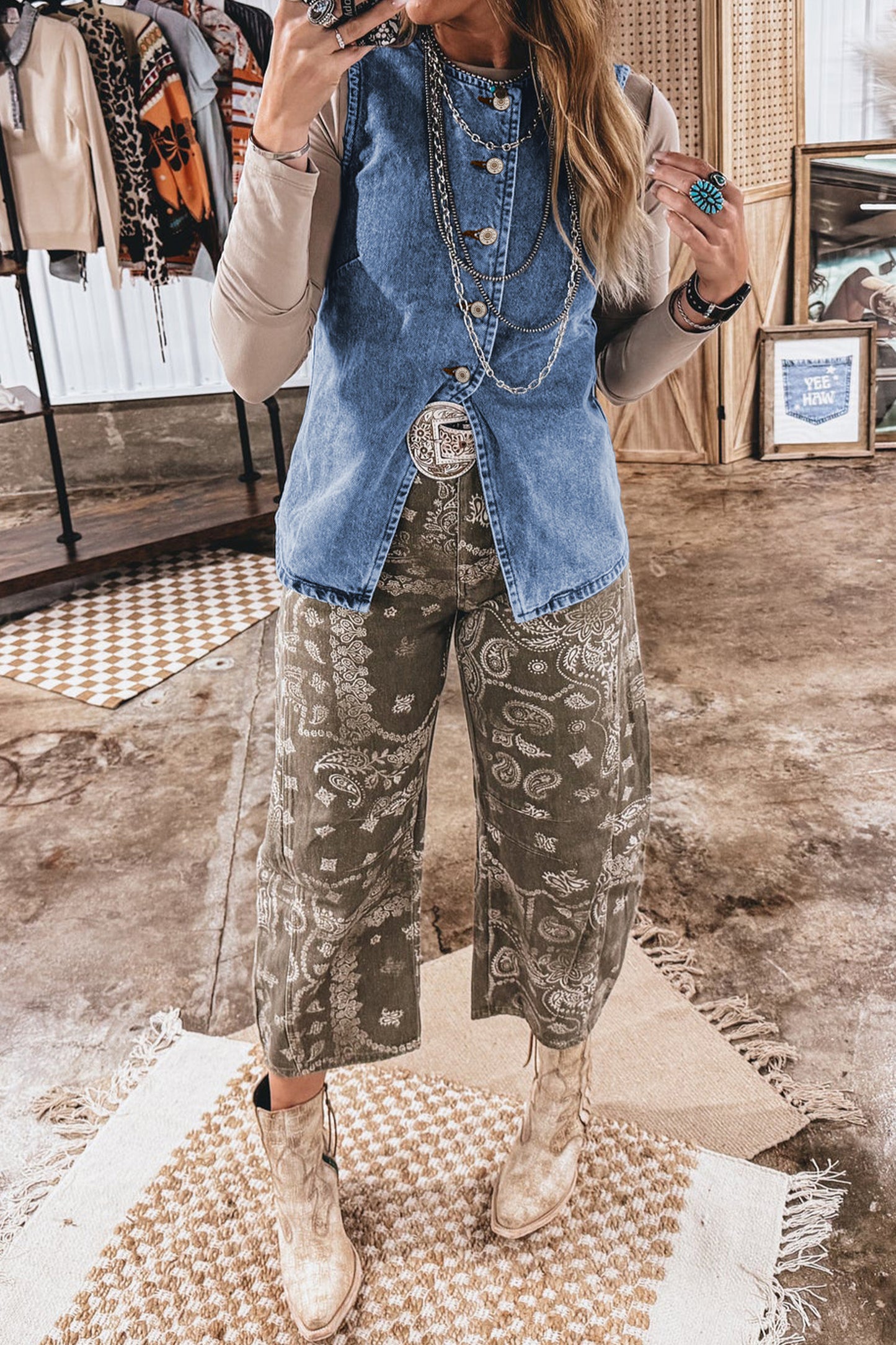 Western Denim Button Front Slit Sleeveless Vest