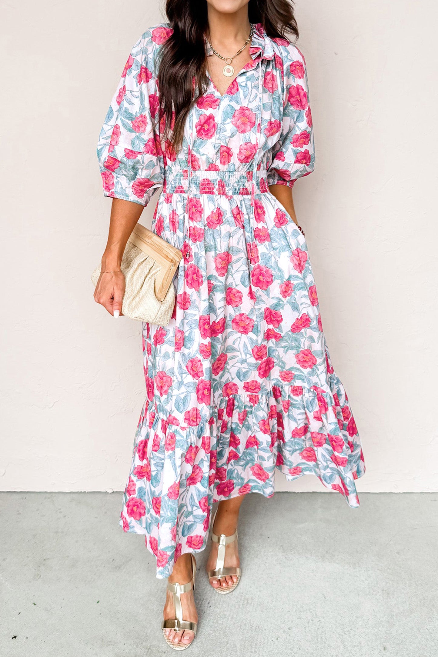 Floral Tie V-Neck Puff Sleeve Midi Dress