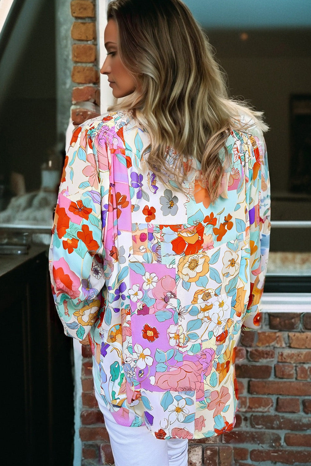Floral Patchwork Frilled Neck Long Sleeve Shirt