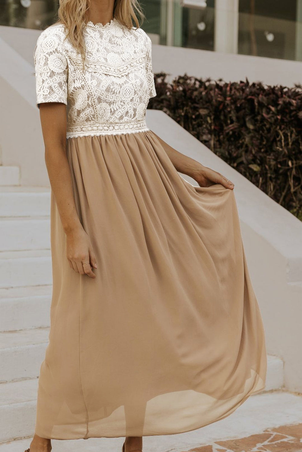 Lace Chiffon Short Sleeve Maxi Dress