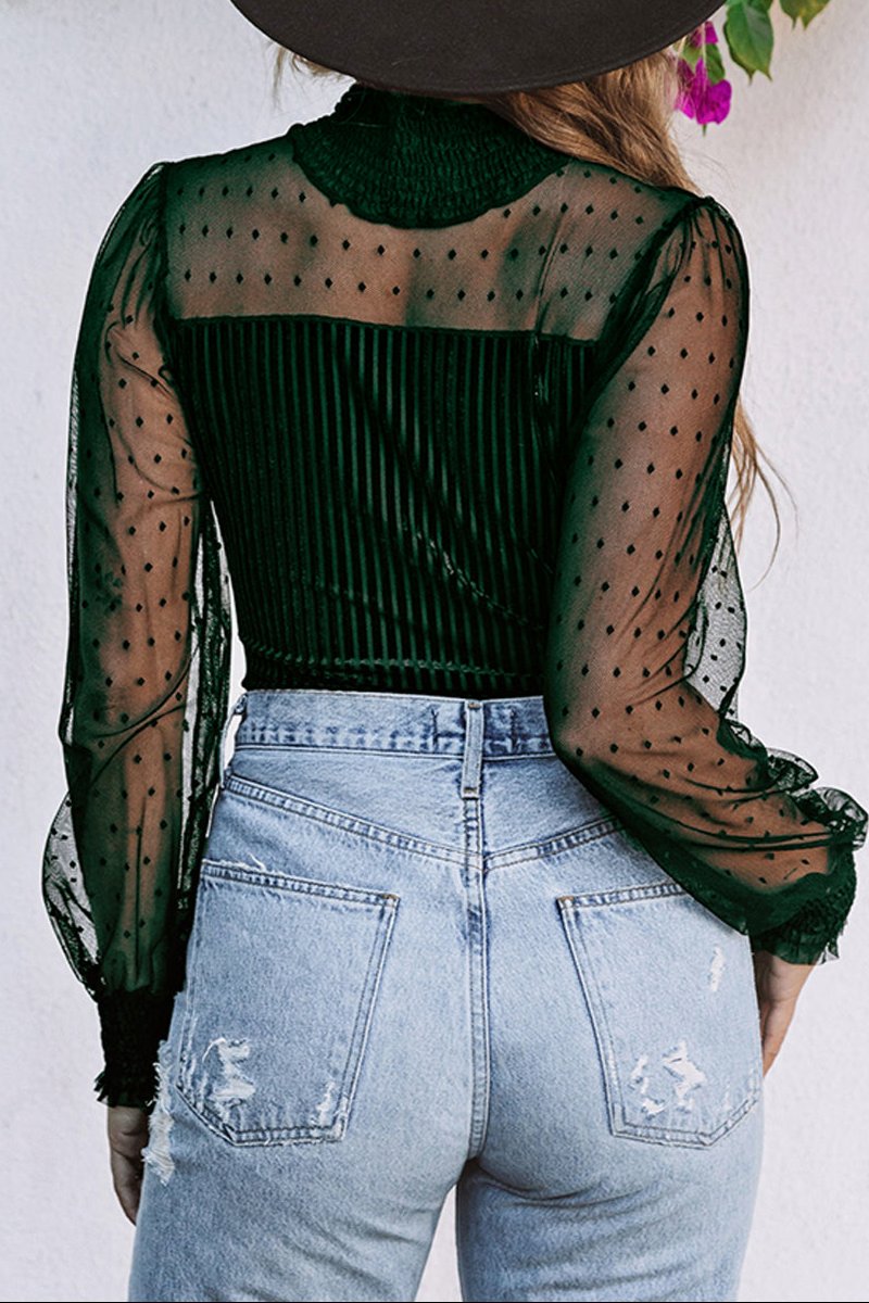 Dotted Mesh Ribbed Velvet Bodysuit