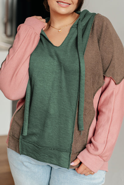 Colorblock Reverse Seam V-Neck Hoodie Plus Size