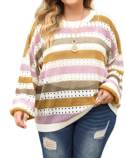 Stripe Hollowed Knit Sweater Plus Size