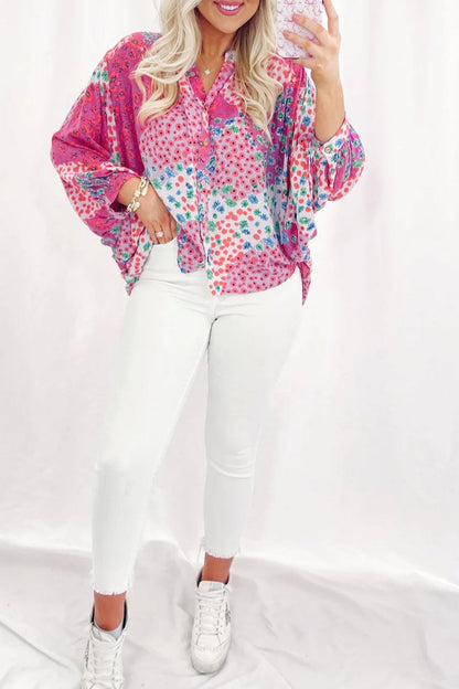 Floral Buttoned V-Neck Oversized Shirt