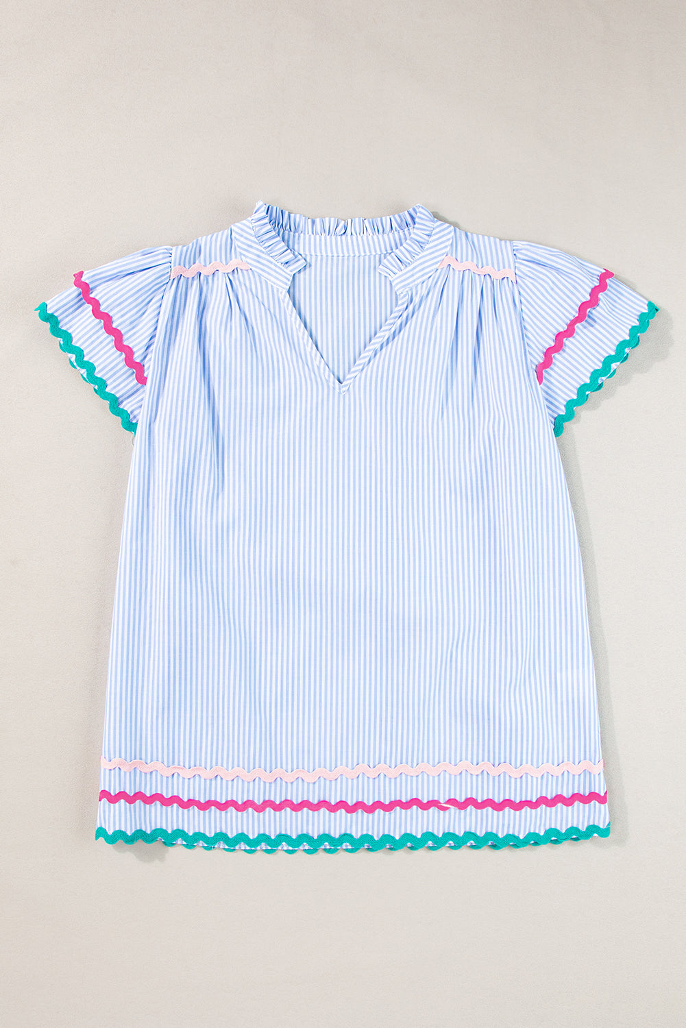 Stripe Ric-Rac Ruffle Sleeve Blouse