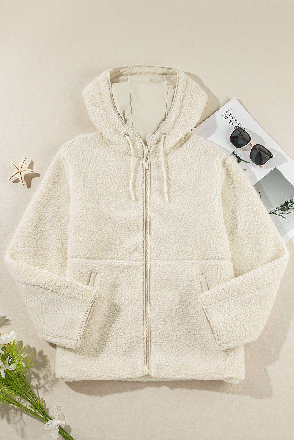 Fleece Zip Up Drawstring Hooded Jacket