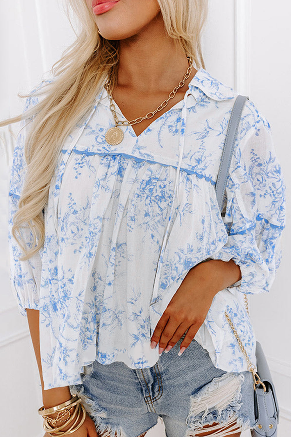 Floral 3/4 Sleeve Collared Blouse