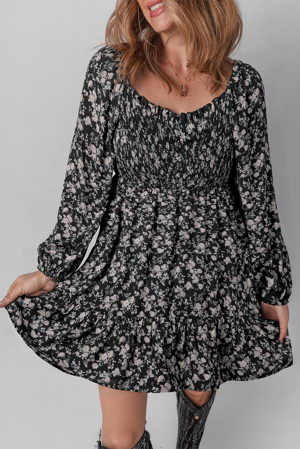 Floral Long Sleeve Frill Square Neck Dress
