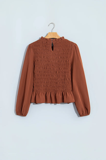 Solid Smocked Ruffle Hem Long Sleeve Blouse