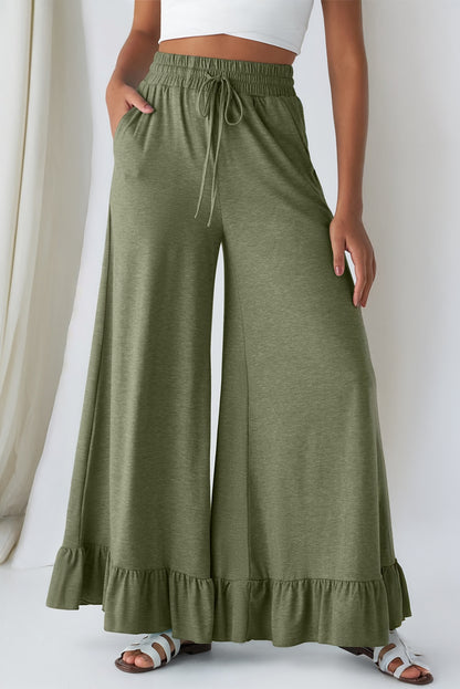Solid Ruffle Wide Leg High Waist Pants